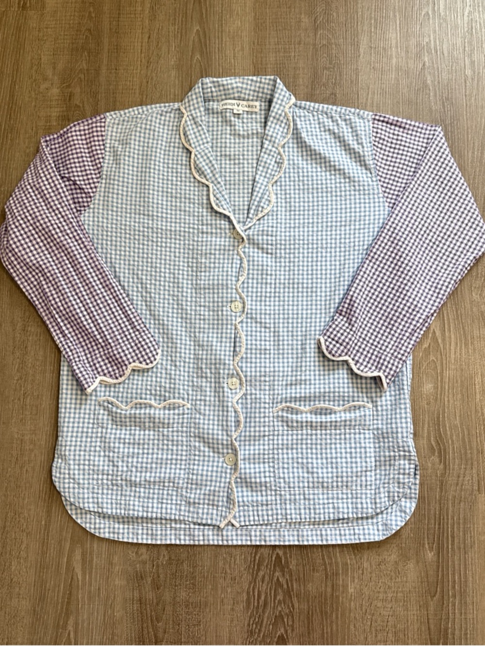 Heidi Carey 100% Cotton Gingham Scalloped Edges Pajama Top With Pockets Size M - Picture 2 of 12